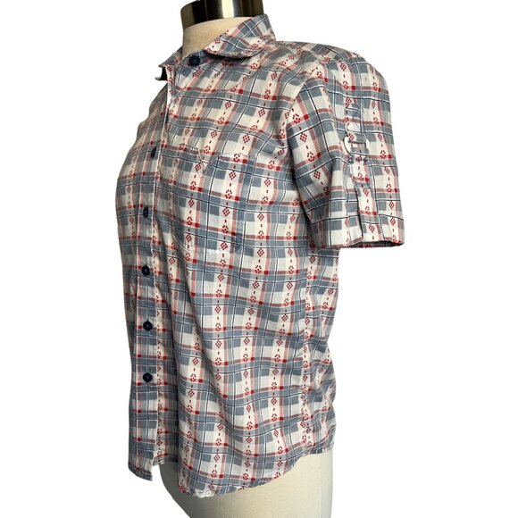 Adrian Delafield Blouse M Button Up short sleeve pocket plaid red whit blue - Picture 4 of 11